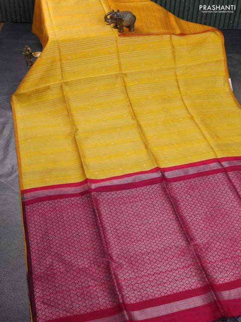 Pure raw silk saree yellow and dark pink with allover silver zari weaves in borderless style