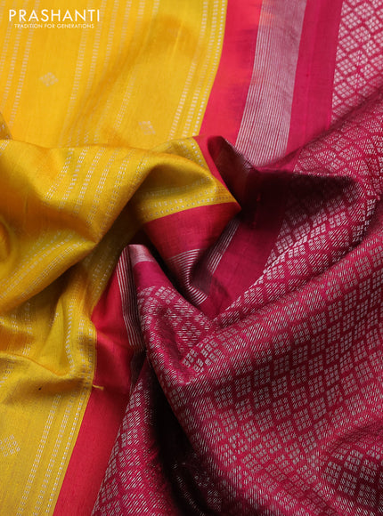 Pure raw silk saree yellow and dark pink with allover silver zari weaves in borderless style