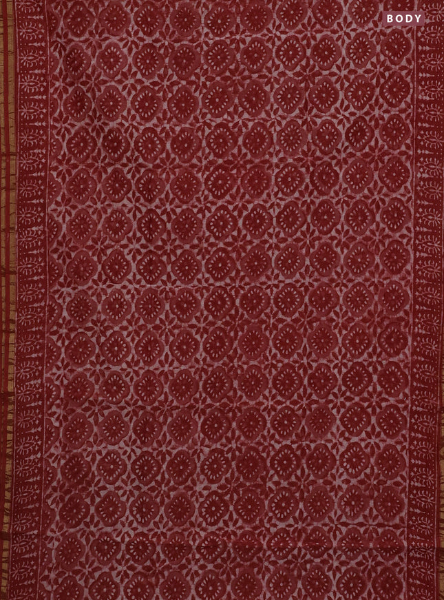 Chanderi bagru saree rustic orange and off white with allover dabu prints and small zari woven border