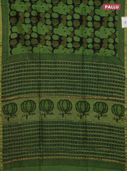 Chanderi bagru saree black and green with allover prints and small zari woven border