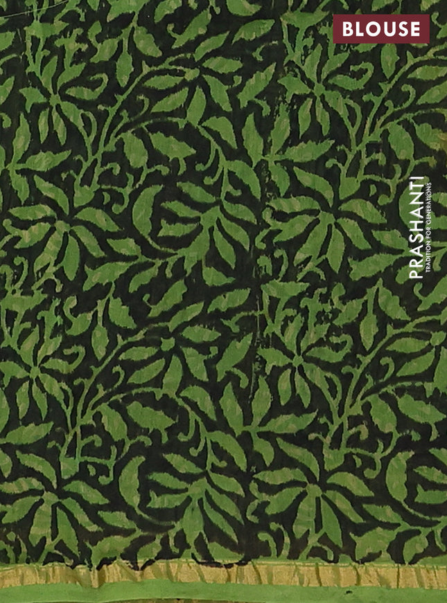 Chanderi bagru saree black and green with allover prints and small zari woven border