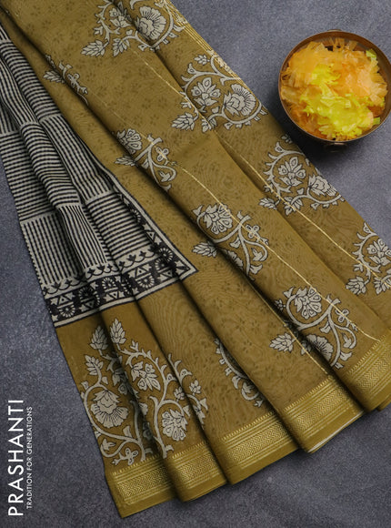 Chanderi bagru saree cream black and mehendi green with allover stripe pattern and maheswari border