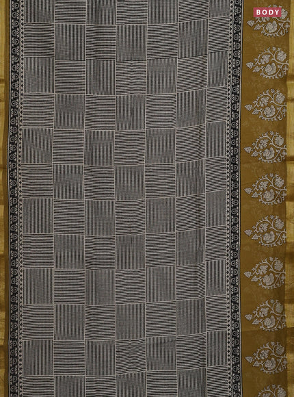 Chanderi bagru saree cream black and mehendi green with allover stripe pattern and maheswari border