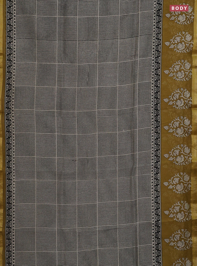 Chanderi bagru saree cream black and mehendi green with allover stripe pattern and maheswari border