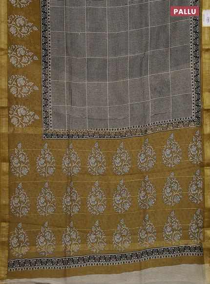 Chanderi bagru saree cream black and mehendi green with allover stripe pattern and maheswari border