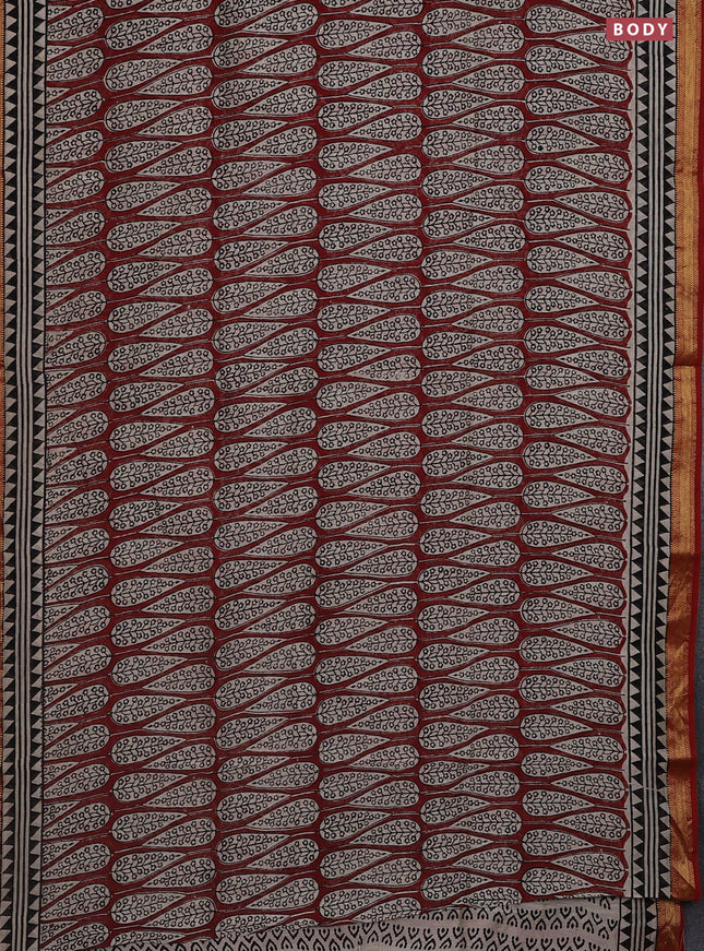 Chanderi bagru saree maroon and cream with allover prints and maheswari border