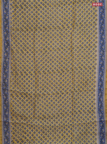 Chanderi bagru saree pale yellow and blue with allover floral butta prints and small zari woven border