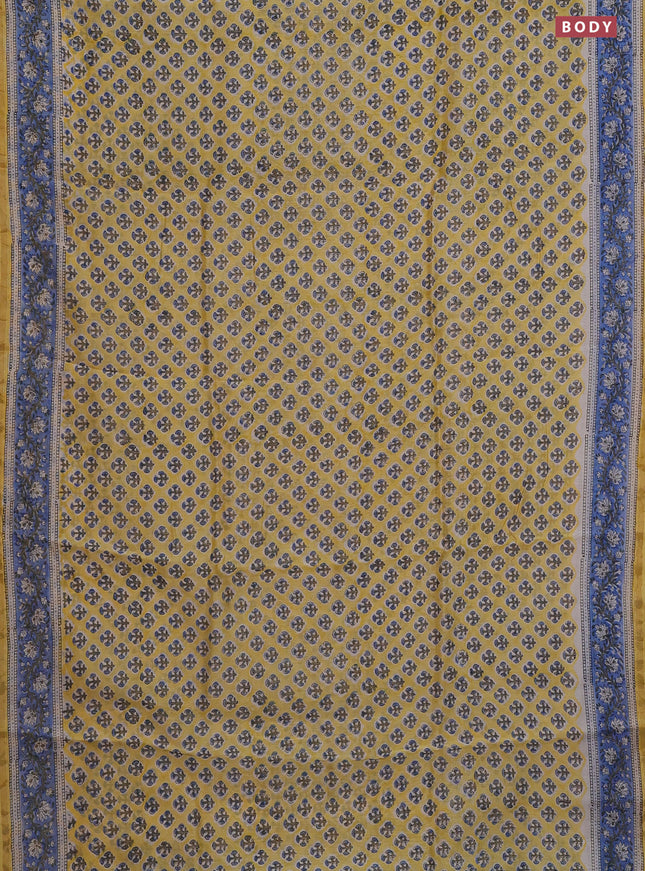 Chanderi bagru saree pale yellow and blue with allover floral butta prints and small zari woven border