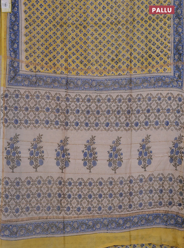 Chanderi bagru saree pale yellow and blue with allover floral butta prints and small zari woven border