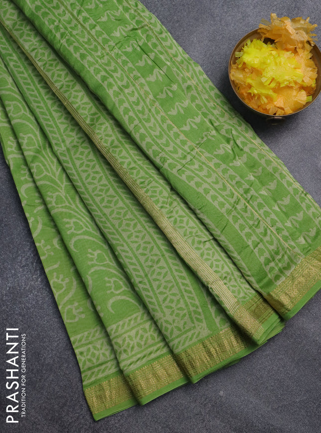 Chanderi bagru saree light green with allover prints and maheswari border