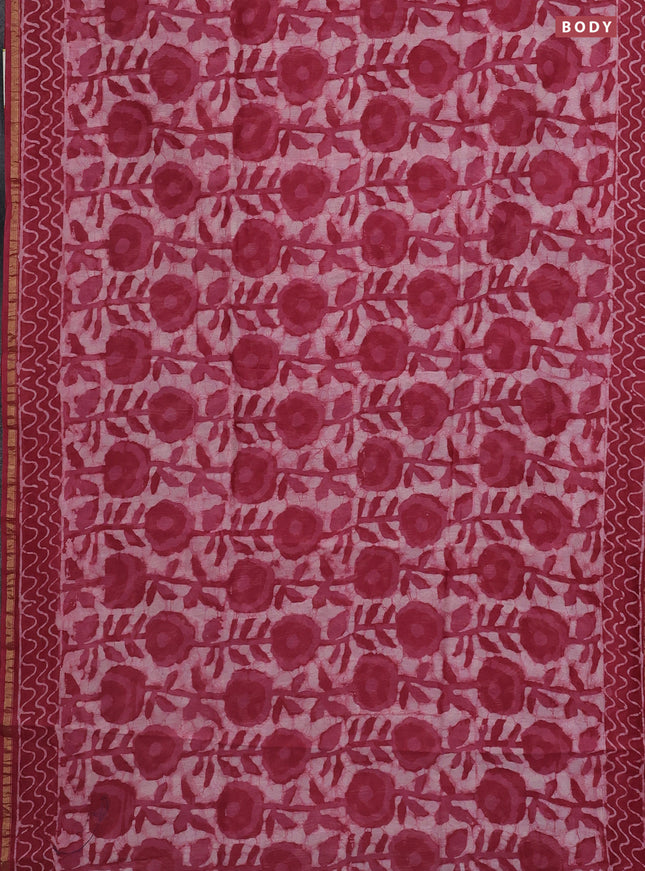 Chanderi bagru saree off white and maroon shade with allover batik prints and small zari woven border