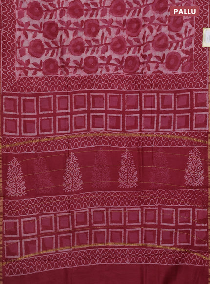 Chanderi bagru saree off white and maroon shade with allover batik prints and small zari woven border