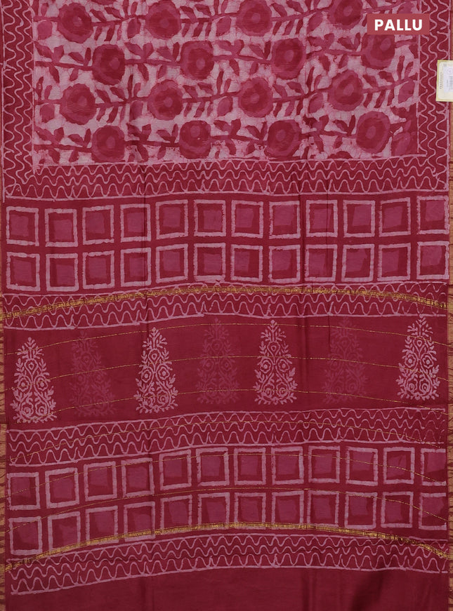 Chanderi bagru saree off white and maroon shade with allover batik prints and small zari woven border