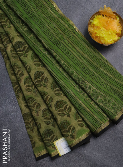 Chanderi bagru saree elaichi green and black with allover ajrakh butta prints and small zari woven border