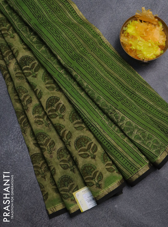 Chanderi bagru saree elaichi green and black with allover ajrakh butta prints and small zari woven border