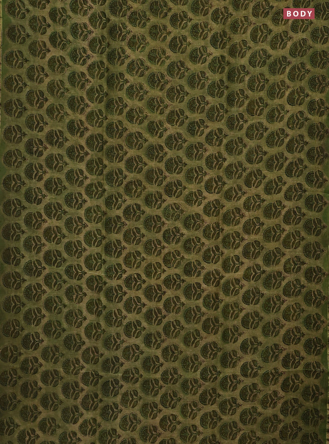 Chanderi bagru saree elaichi green and black with allover ajrakh butta prints and small zari woven border