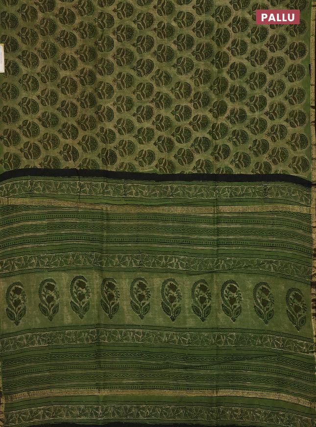 Chanderi bagru saree elaichi green and black with allover ajrakh butta prints and small zari woven border