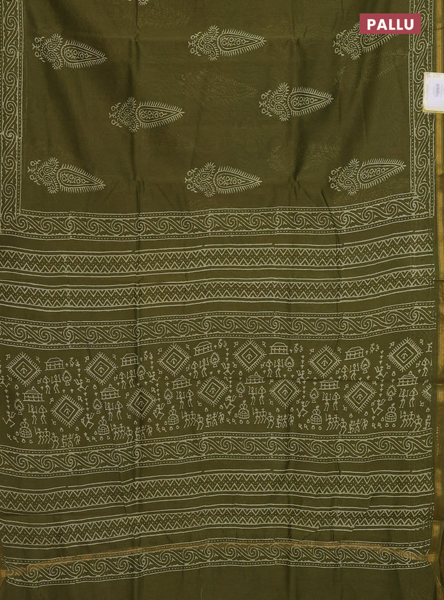 Chanderi bagru saree sap green with butta prints and small zari woven border