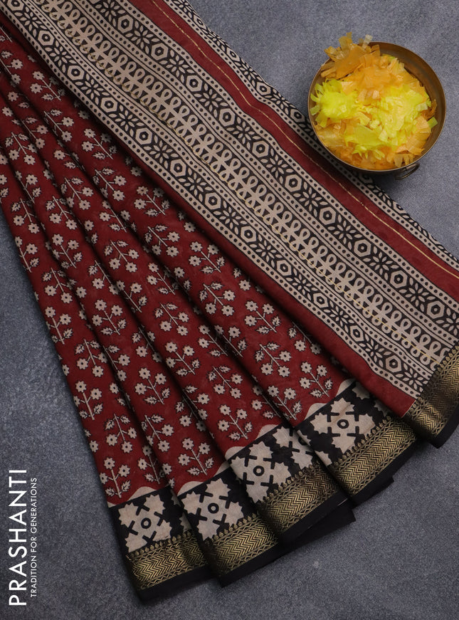 Chanderi bagru saree maroon and black with allover prints and maheswari border
