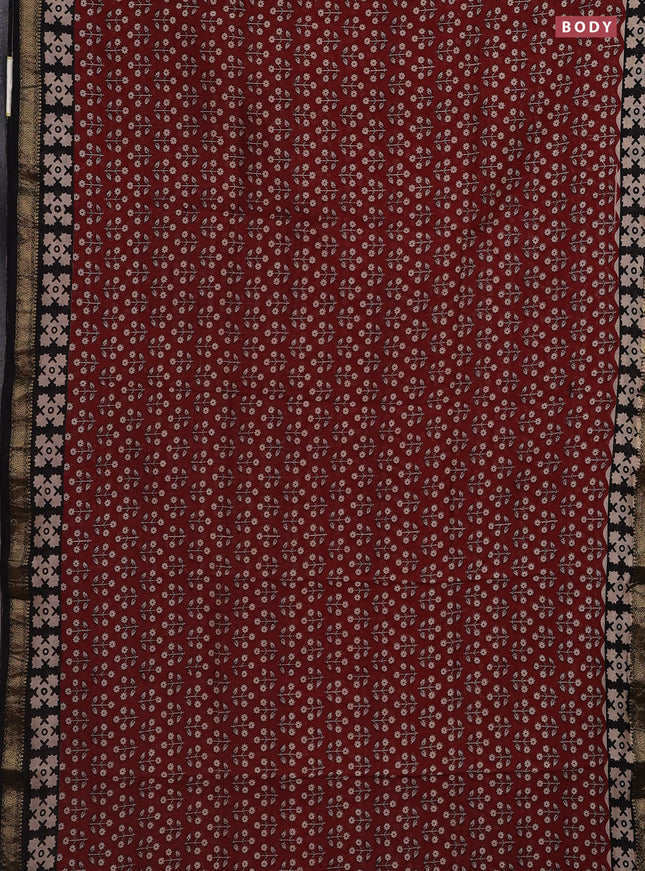 Chanderi bagru saree maroon and black with allover prints and maheswari border