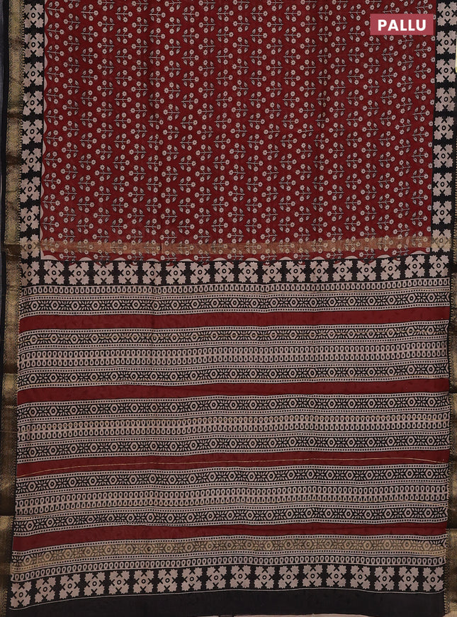 Chanderi bagru saree maroon and black with allover prints and maheswari border