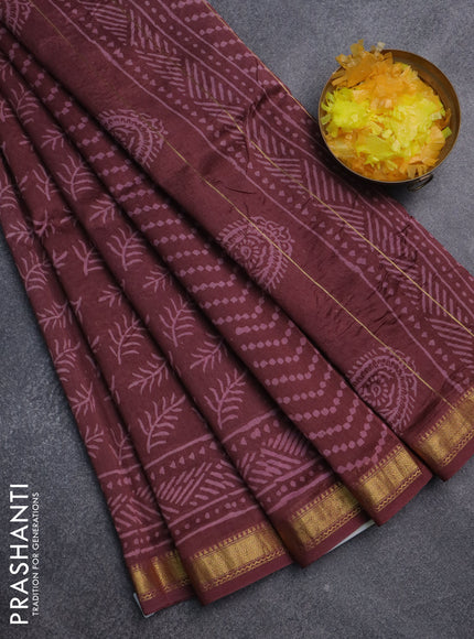Chanderi bagru saree maroon shade with allover prints and maheswari border
