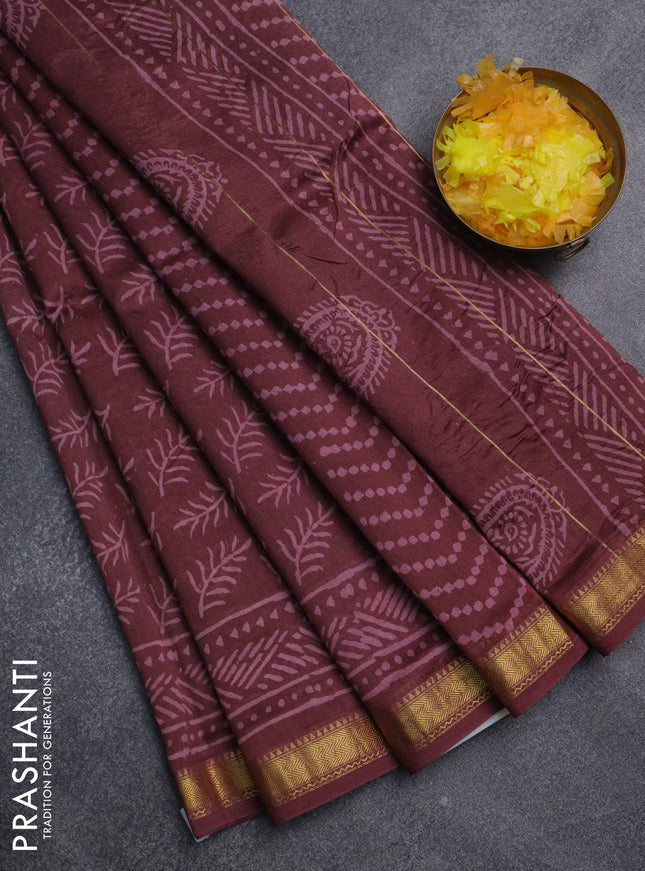 Chanderi bagru saree maroon shade with allover prints and maheswari border