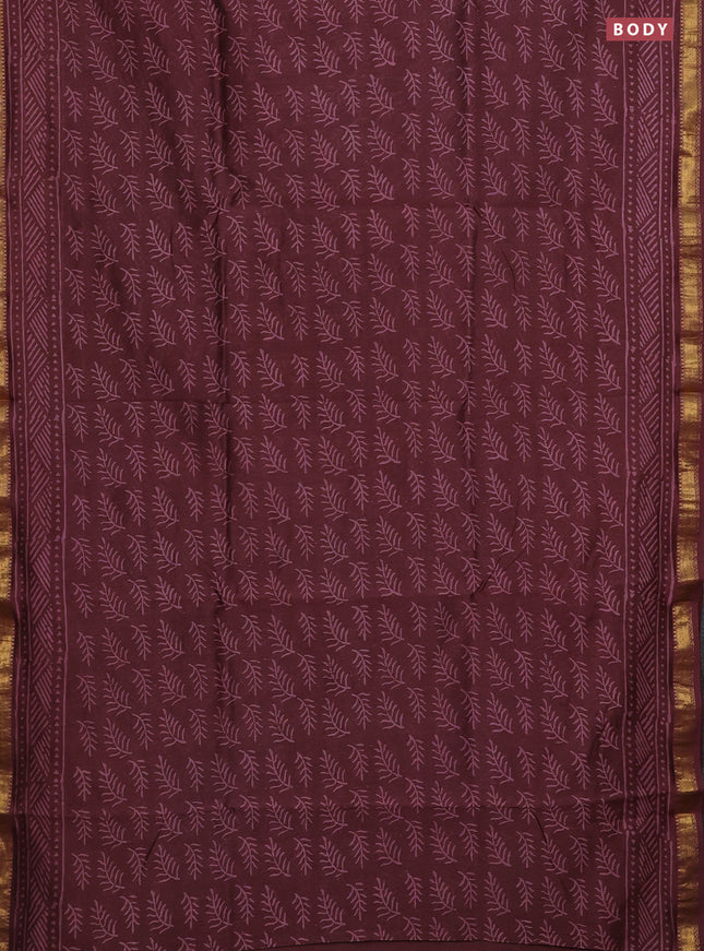 Chanderi bagru saree maroon shade with allover prints and maheswari border