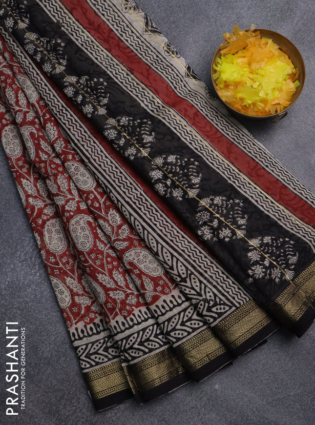 Chanderi bagru saree maroon and black with allover kalamkari prints and mageshwari border