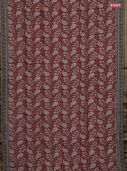 Chanderi bagru saree maroon and black with allover kalamkari prints and mageshwari border
