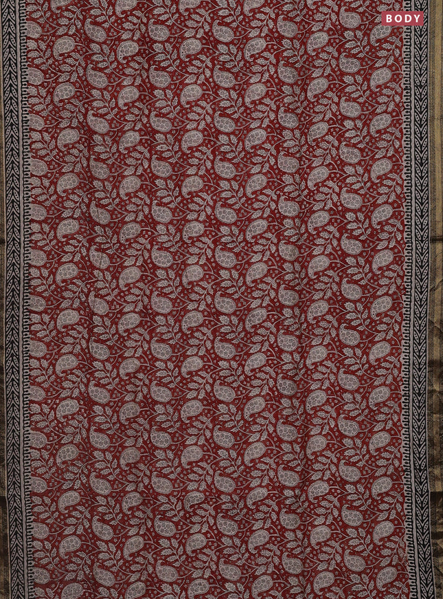 Chanderi bagru saree maroon and black with allover kalamkari prints and mageshwari border