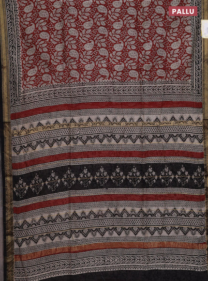 Chanderi bagru saree maroon and black with allover kalamkari prints and mageshwari border