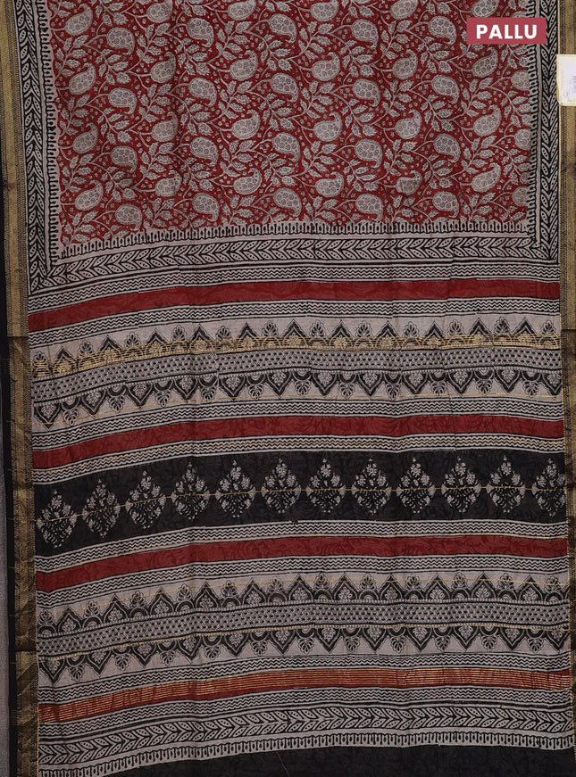 Chanderi bagru saree maroon and black with allover kalamkari prints and mageshwari border