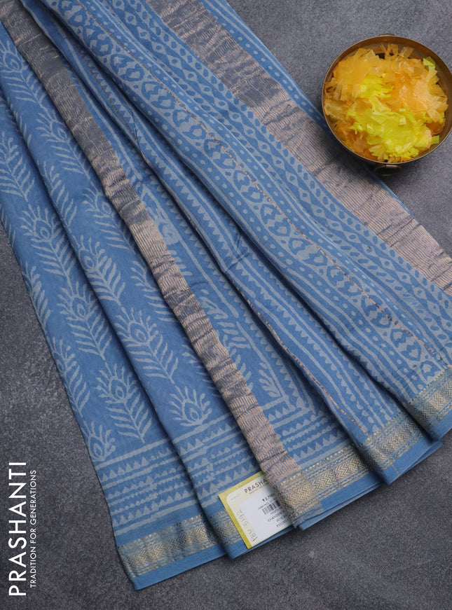 Chanderi bagru saree bluish grey with allover prints and mageshwari border