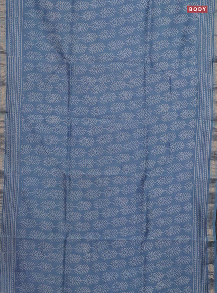 Chanderi bagru saree bluish grey with allover prints and mageshwari border