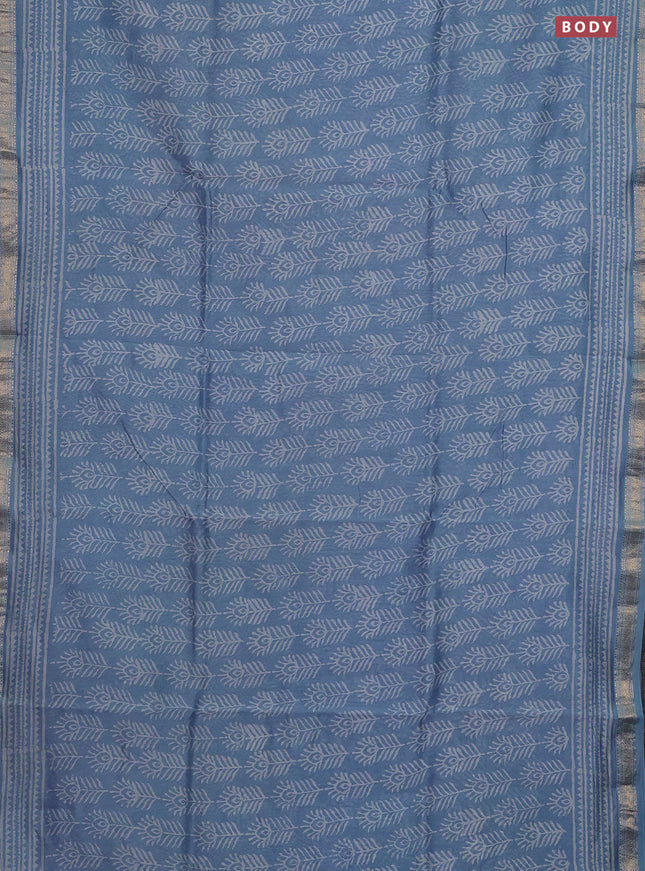 Chanderi bagru saree bluish grey with allover prints and mageshwari border
