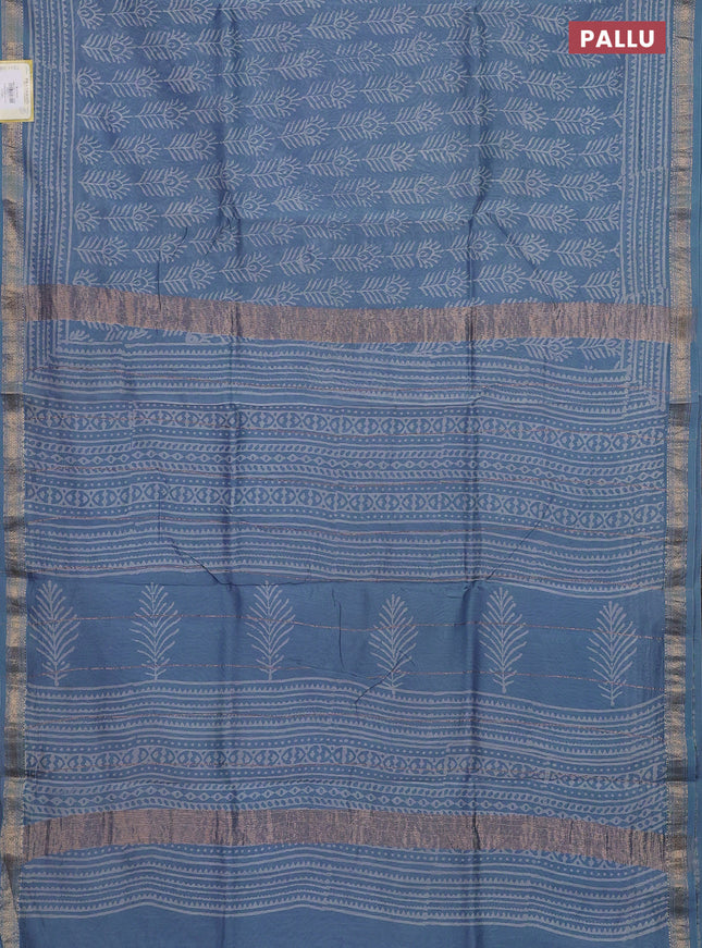 Chanderi bagru saree bluish grey with allover prints and mageshwari border