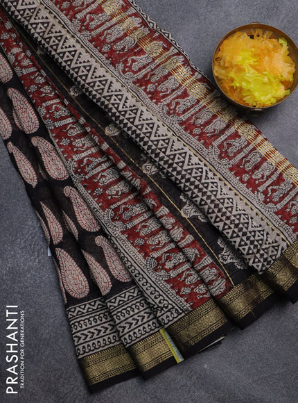 Chanderi bagru saree black and cream with allover paisley butta prints and mageshwari border