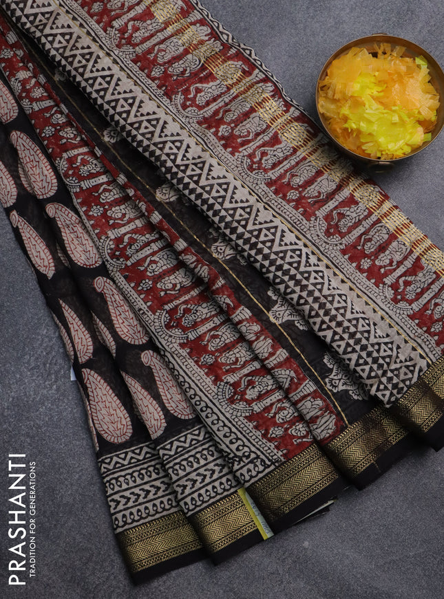 Chanderi bagru saree black and cream with allover paisley butta prints and mageshwari border