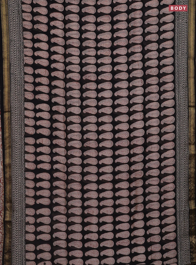 Chanderi bagru saree black and cream with allover paisley butta prints and mageshwari border