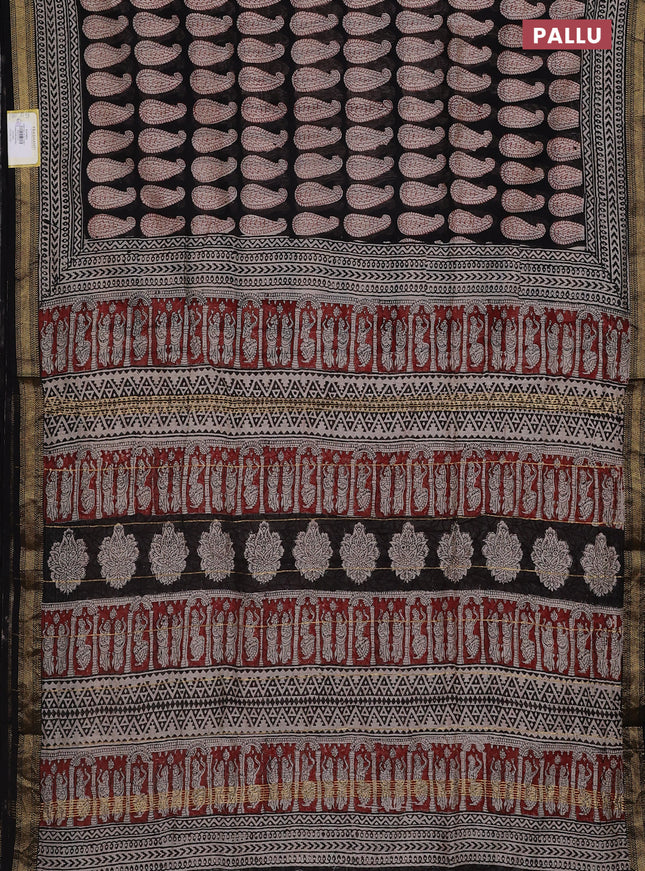Chanderi bagru saree black and cream with allover paisley butta prints and mageshwari border