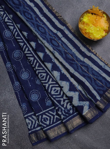 Chanderi bagru saree navy blue with allover prints and mageshwari border