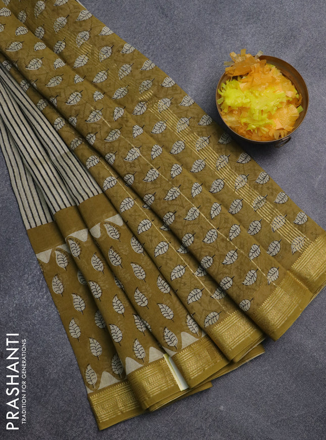 Chanderi bagru saree cream and mehendi green with allover stripe pattern and mageshwari border