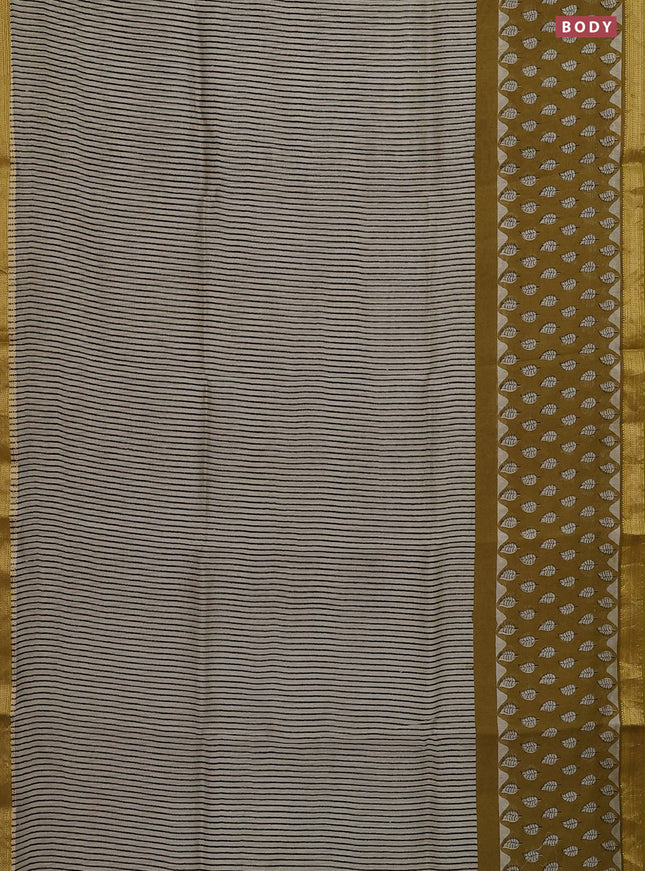 Chanderi bagru saree cream and mehendi green with allover stripe pattern and mageshwari border