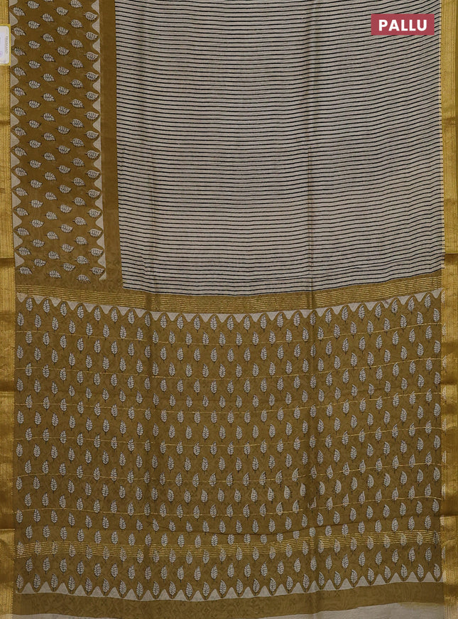 Chanderi bagru saree cream and mehendi green with allover stripe pattern and mageshwari border