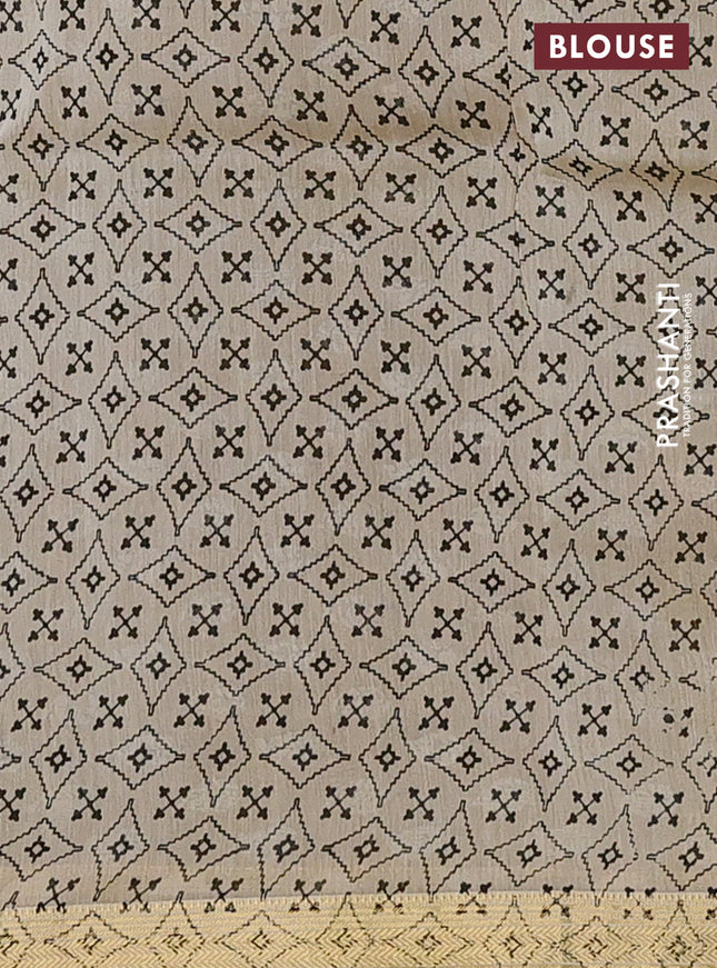 Chanderi bagru saree cream and mehendi green with allover stripe pattern and mageshwari border