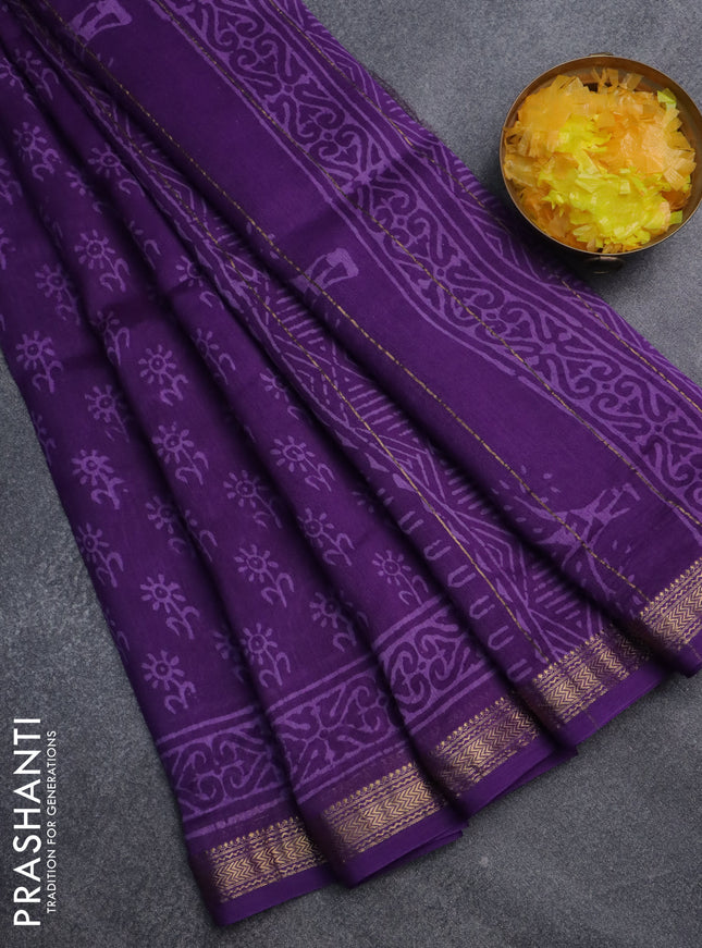 Chanderi bagru saree violet with allover floral butta prints and mageshwari border