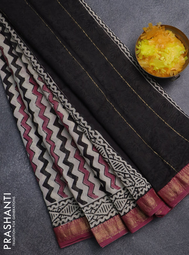 Chanderi bagru saree beige black and pastel maroon with allover zig zag prints and mageshwari border