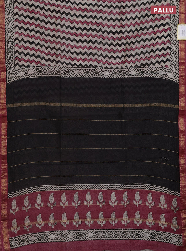 Chanderi bagru saree beige black and pastel maroon with allover zig zag prints and mageshwari border