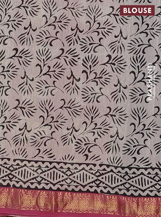 Chanderi bagru saree beige black and pastel maroon with allover zig zag prints and mageshwari border